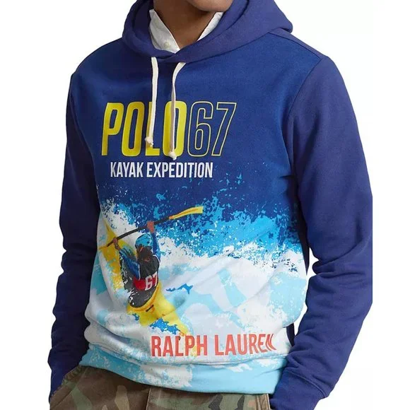NEW $248 Polo Ralph Lauren Kayak Expedition Hoodie Sweatshirt! M Blue Huge Graph